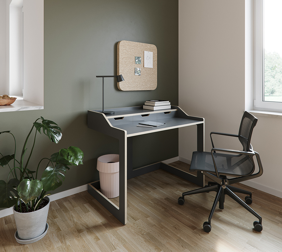 Homeoffice mit Schreibtisch 'Plane' von Müller Möbelwerkstätten, Vitra Drehstuhl 'Physix' , Muuto Tischleuchte Tip - POPO.DE